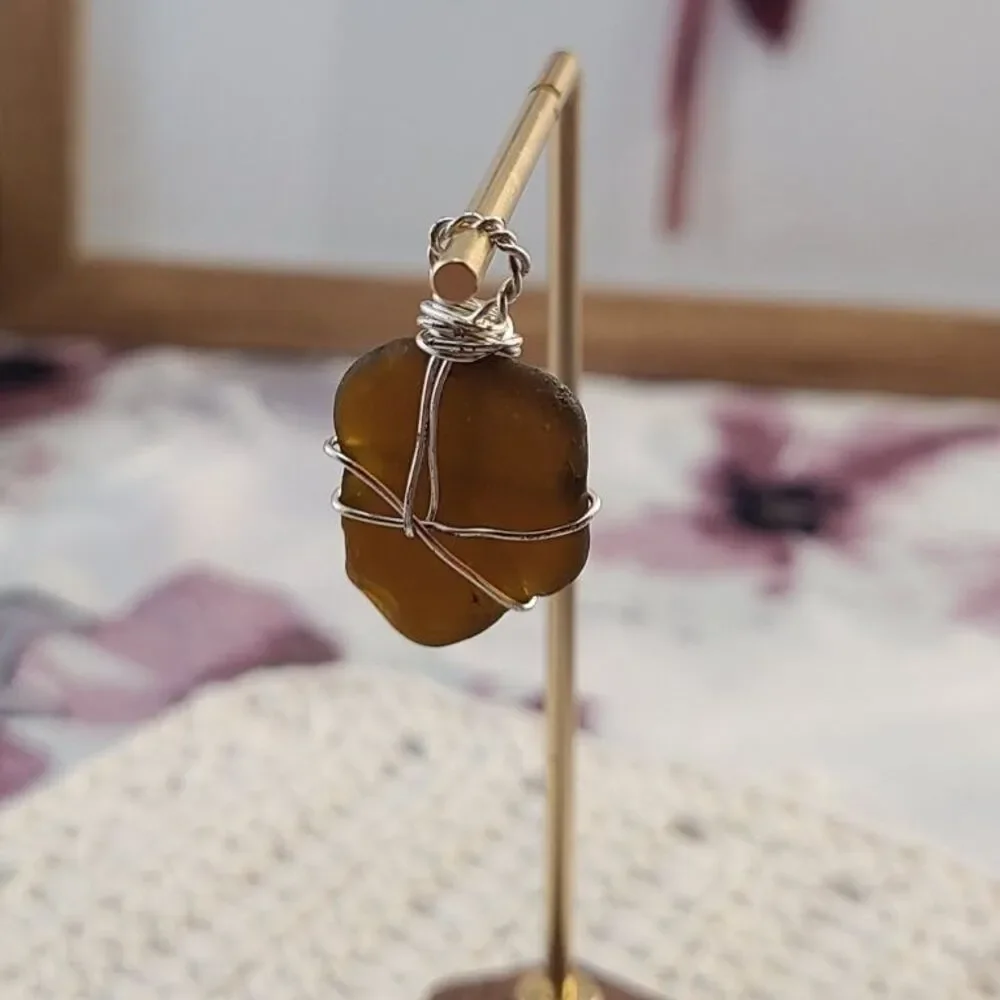 Handcrafted Silver Tone Wire Wrapped Brown Sea Glass Pendant Beach Necklace